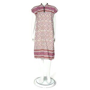 Vtg 1970s Indian Pink White Floral Manderian Collar Cotton Shirt Dress sz M /557